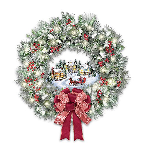 Thomas Kinkade A Holiday Homecoming Musical Christmas Village Wreath Lights Up
