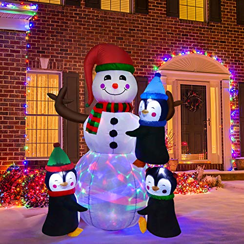 Artiflr 6Ft Lighted Christmas Inflatable Snowman with Three Cute Penguins