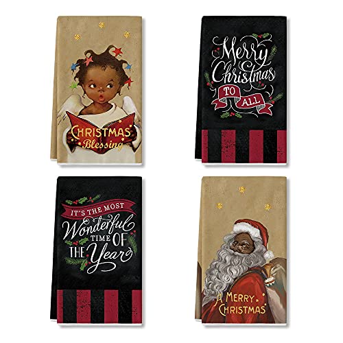 Buryeah 4 Pcs African American Black Santa Kitchen Towels and Dish Towels  White Black Buffalo Plaid Hand Towels Christmas Winter Xmas Holiday Dish  Tea