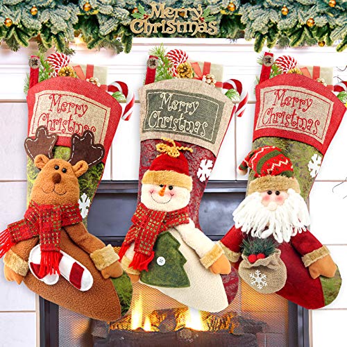 Christmas Stockings, 3 Pack 19″ Stockings with 3D Snowflake Santa, Snowman, Reindeer