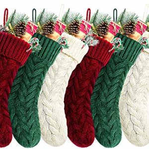Kunyida 18 Inches Burgundy, Ivory, Green Knitted Christmas Stockings,6 Pack