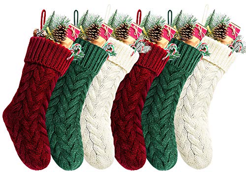 Kunyida 18 Inches Burgundy, Ivory, Green Knitted Christmas Stockings,6 Pack