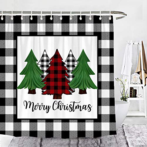 Buffalo Check Plaid Merry Christmas Trees Shower Curtain