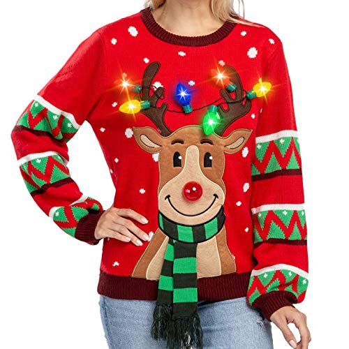 Womens LED Light Up Reindeer Ugly Christmas Sweater