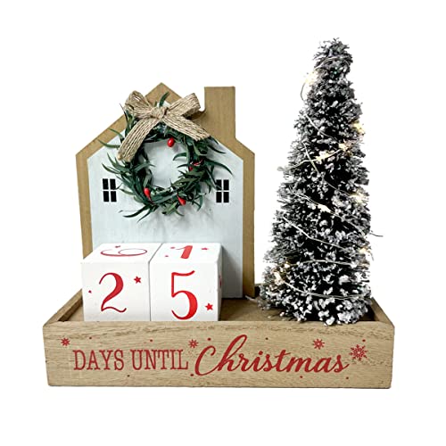 HOMirable Christmas Tree Countdown Block LED Lighted Days Until Christmas Wreath Calendar Tabletop Number Date Rustic Wooden Home Decor Holiday Xmas Ornament Desk Decoration Gift